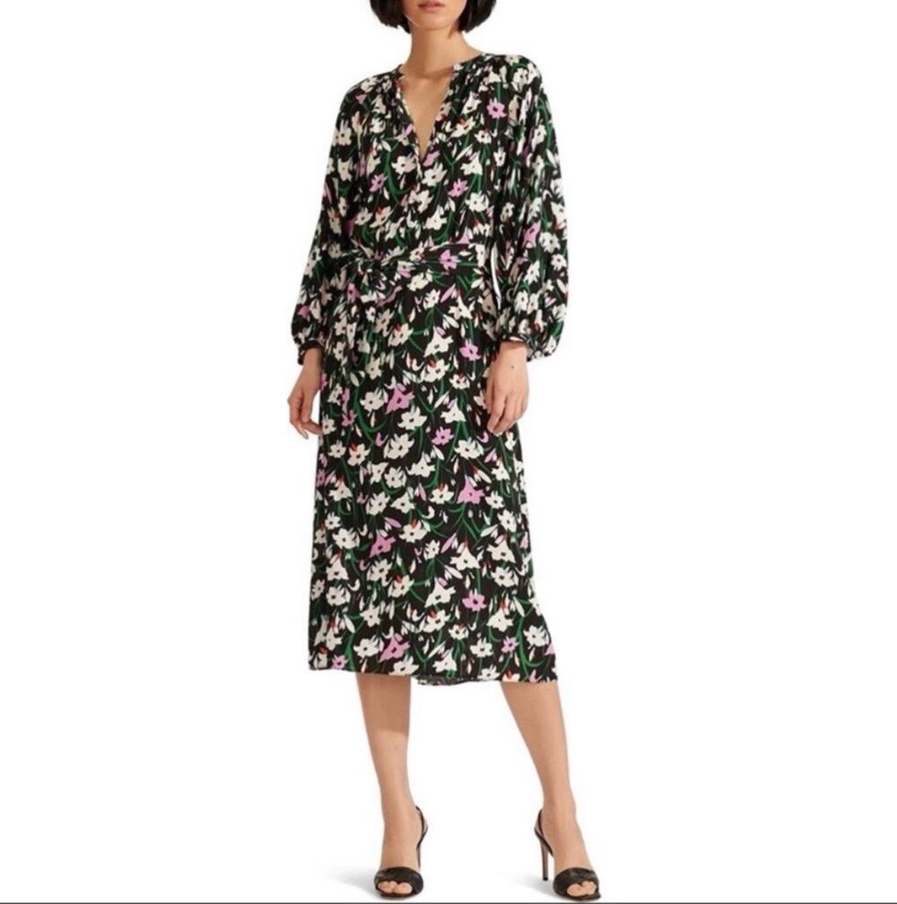 VERONICA BEARD Cecilia Black Floral Midi Shirt Dress Long Blouson Sleeve luxury